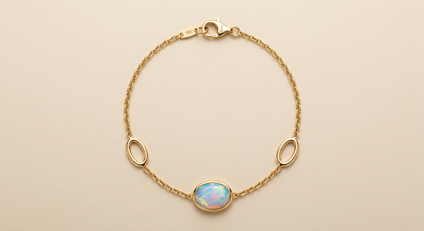 The Aurora Opal Bracelet by Shrivya Jewell — full view with iridescent opal centre on a fine chain