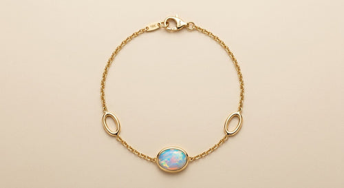 The Aurora Opal Bracelet by Shrivya Jewell — full view with iridescent opal centre on a fine chain