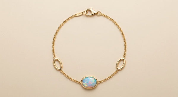 The Aurora Opal Bracelet by Shrivya Jewell — full view with iridescent opal centre on a fine chain